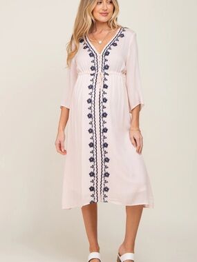 PinkBlush Maternity V-Neck Midi Dress with Navy Embroidery